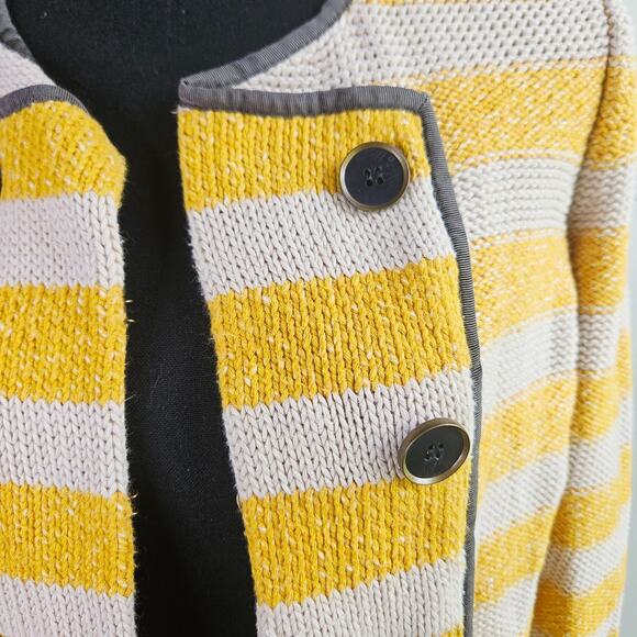LOFT Military Style Cardigan Sweater Yellow Cream Striped Cotton Size Small - Picture 7 of 12